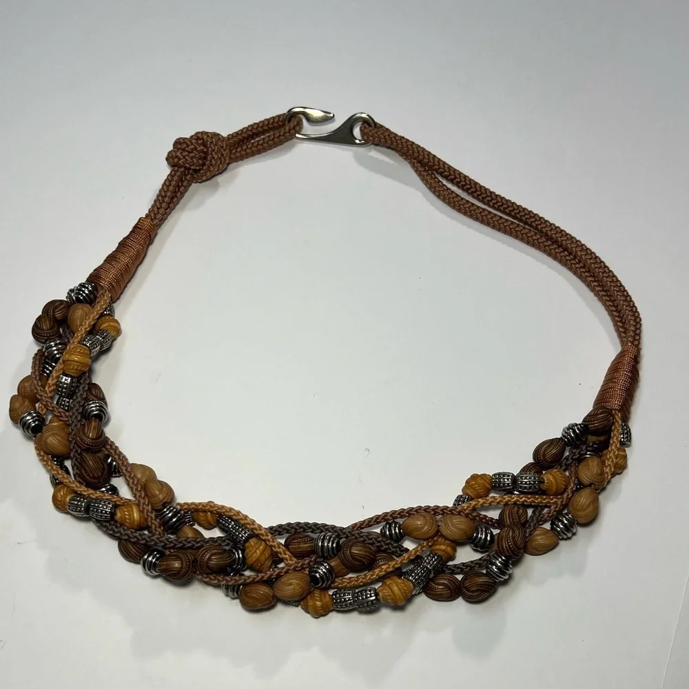 Vintage Woven Belt Wood Beads Silver Hook Women’s S Boho Rustic Artisan Style